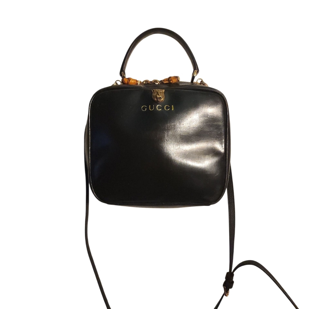 Gucci Black Patent Vanity Lunch Box Top Handle Bag Crossbody Authentic 100% - Picture 3 of 15